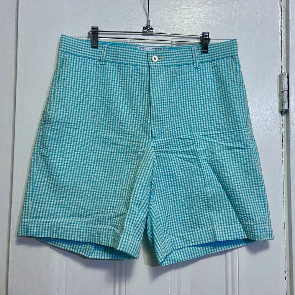 🆕 Southern Tide The Skipjack Flat Front Shorts - Aqua Blue Gingahm, Seersucker